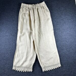 Francesca Bettini Italy Sz M Wide Leg Linen Embroidered Ankle Tan Boho Pull On